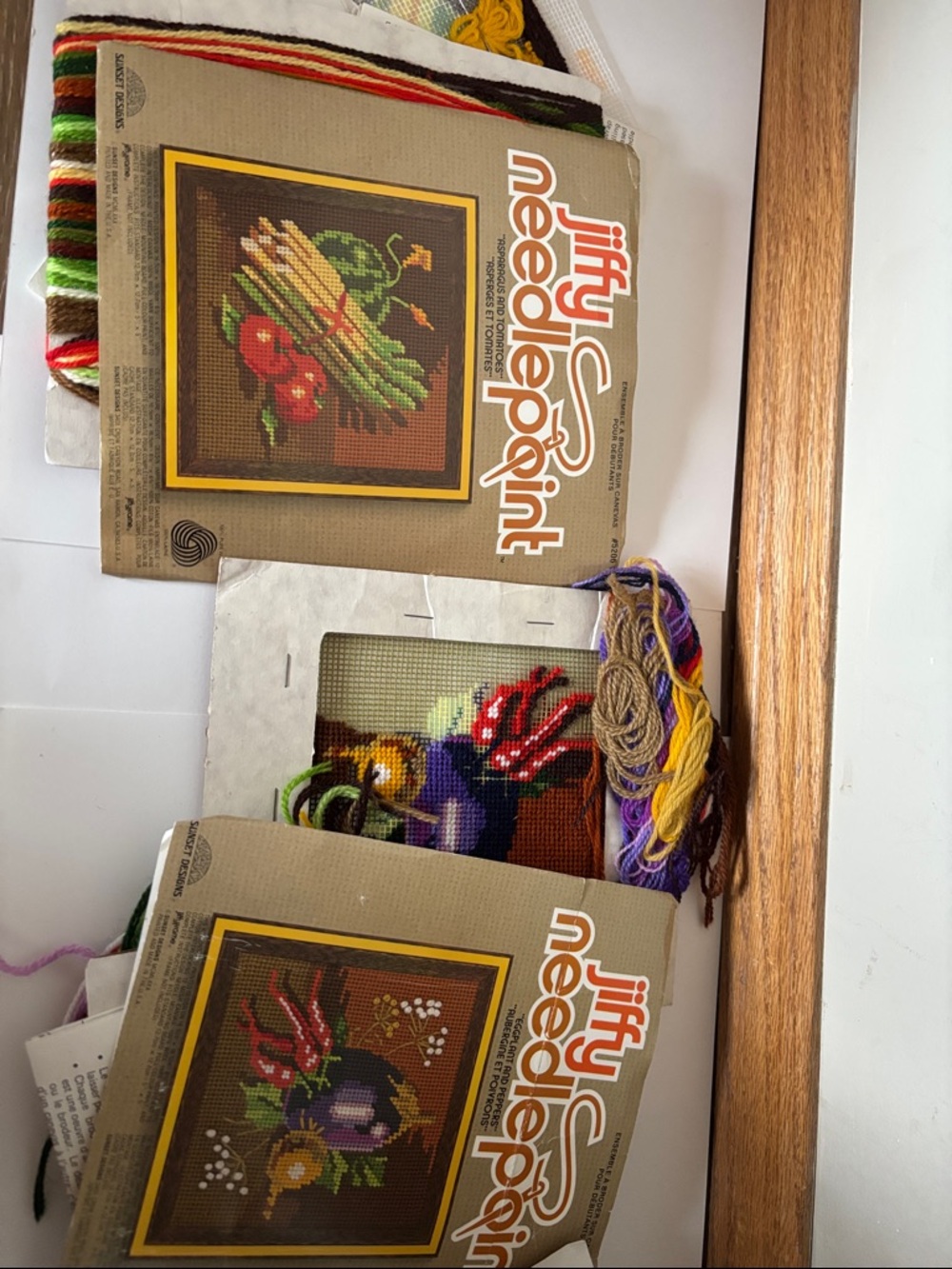 Two vegetable jiffy needlepoint kits. Vintage.